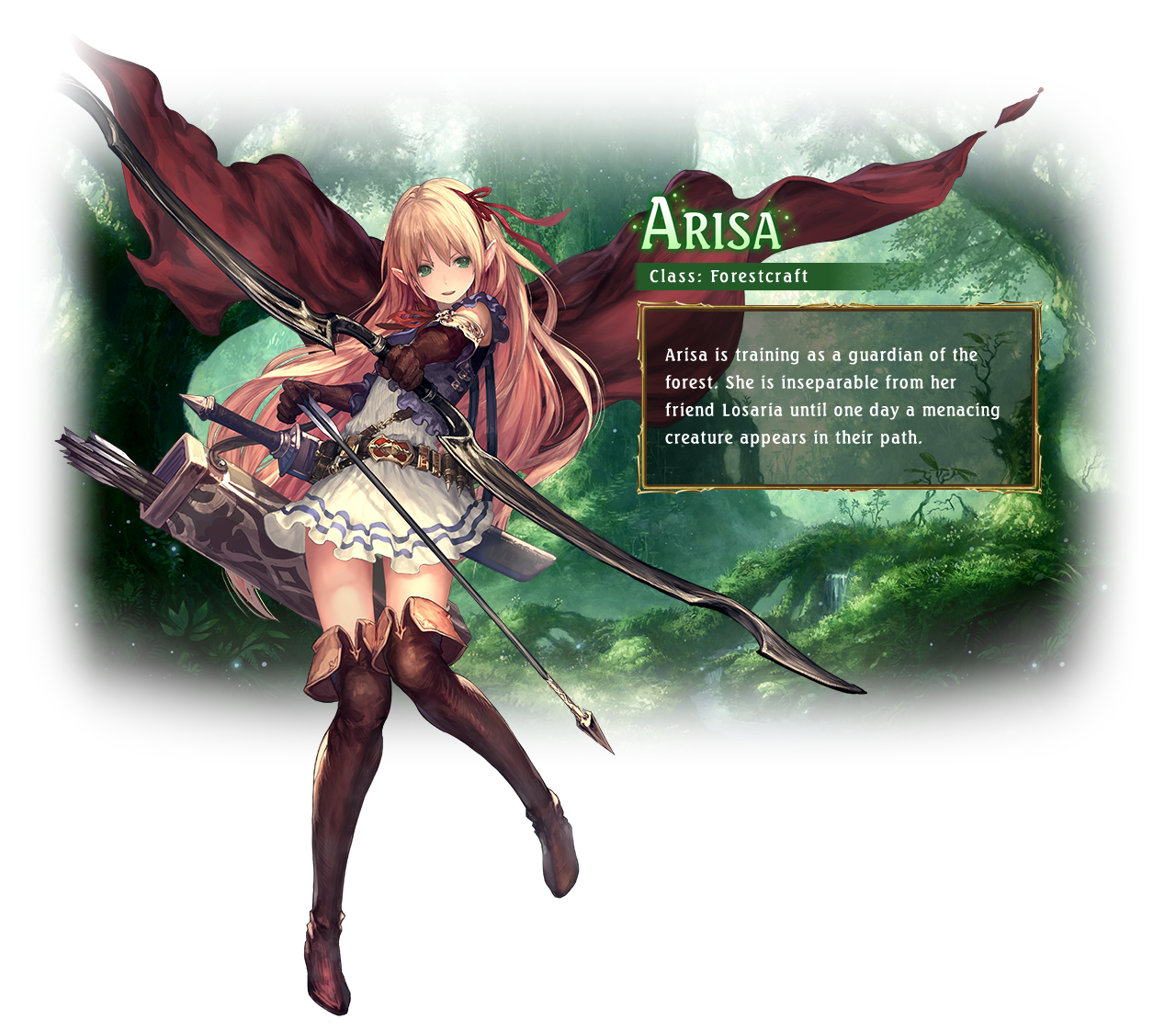 Arisa / Class: Forestcraft / Arisa is training as a guardian of the forest. She is inseparable from her friend Losaria until one day a menacing creature appears in their path.