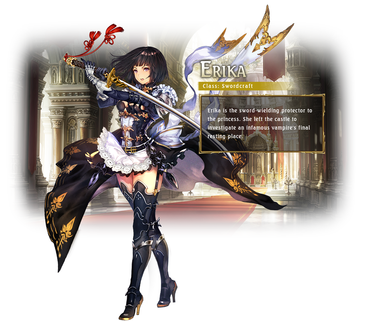 Erika / Class: Swordcraft / Erika is the sword-wielding protector to the princess. She left the castle to investigate an infamous vampire's final resting place.