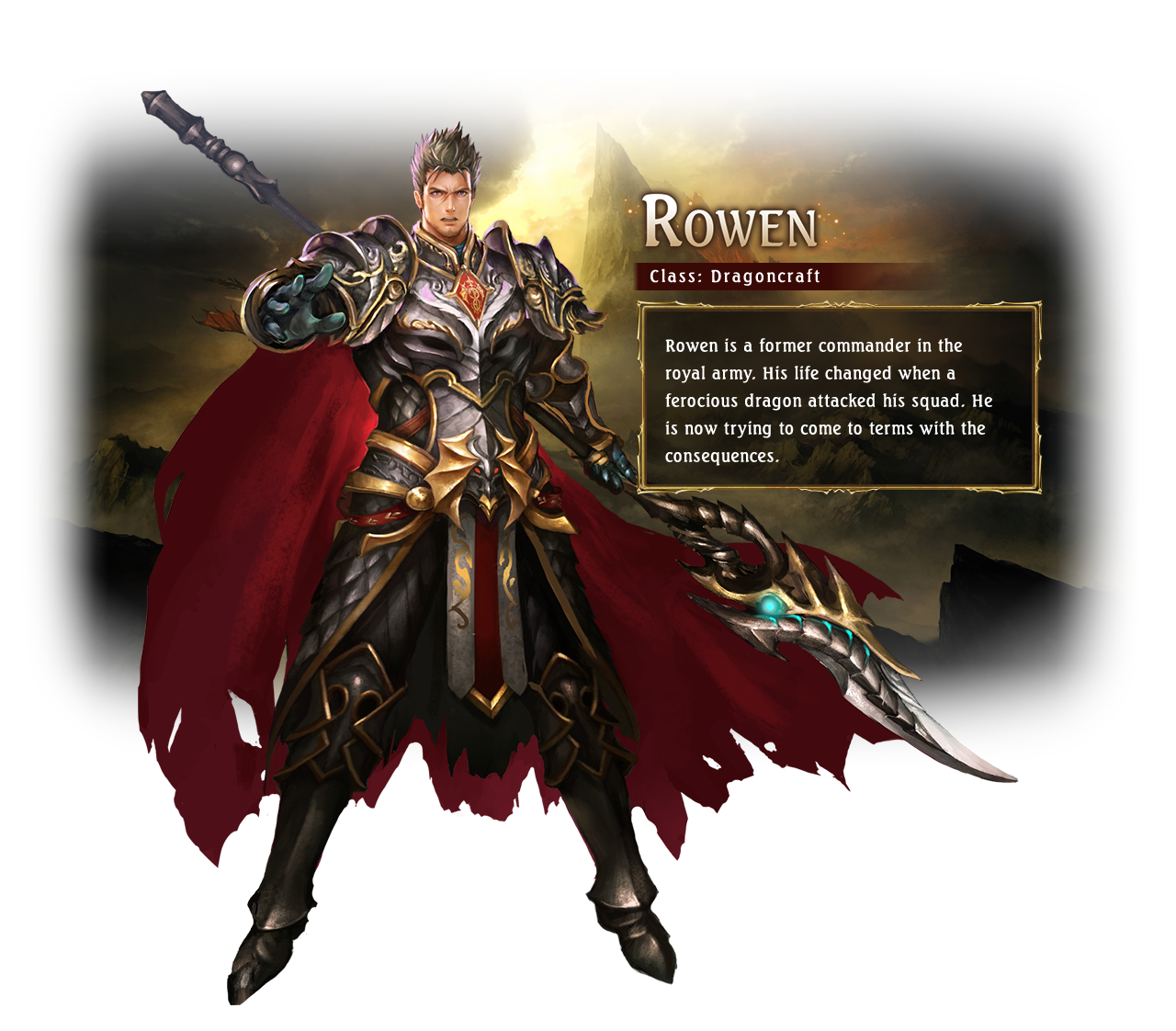 Rowen / Class: Dragoncraft / Rowen is a former commander in the royal army. His life changed when a ferocious dragon attacked his squad. He is now trying to come to terms with the consequences.