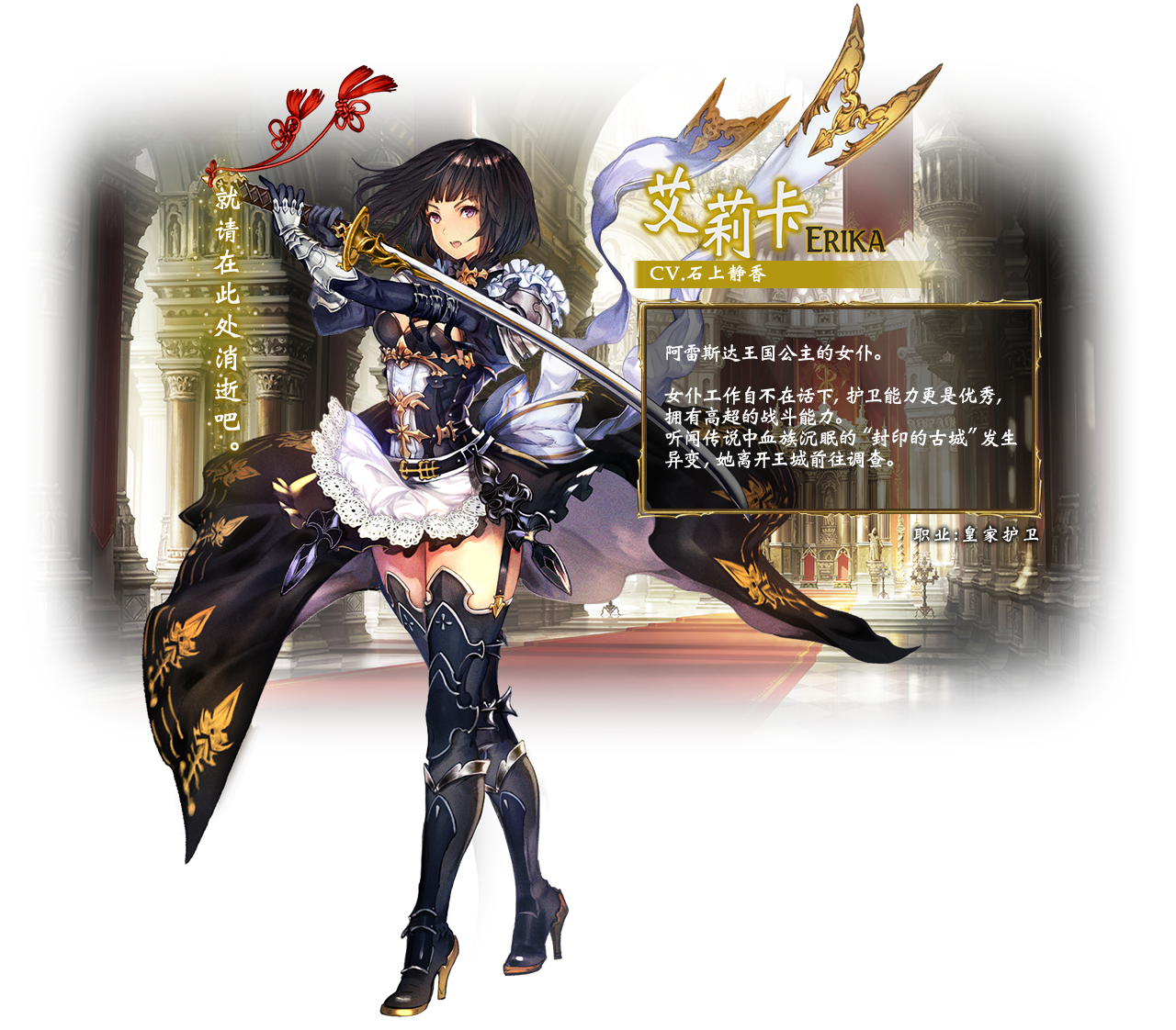 Erika / Class: Swordcraft / Erika is the sword-wielding protector to the princess. She left the castle to investigate an infamous vampire's final resting place.