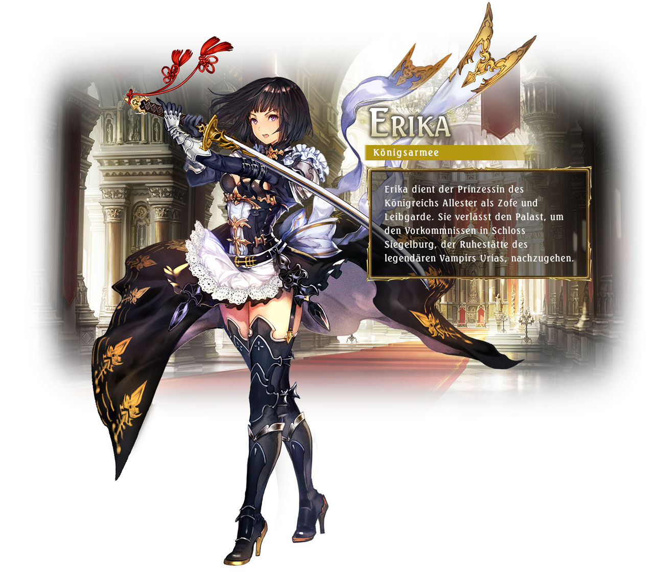 Erika / Class: Swordcraft / Erika is the sword-wielding protector to the princess. She left the castle to investigate an infamous vampire's final resting place.