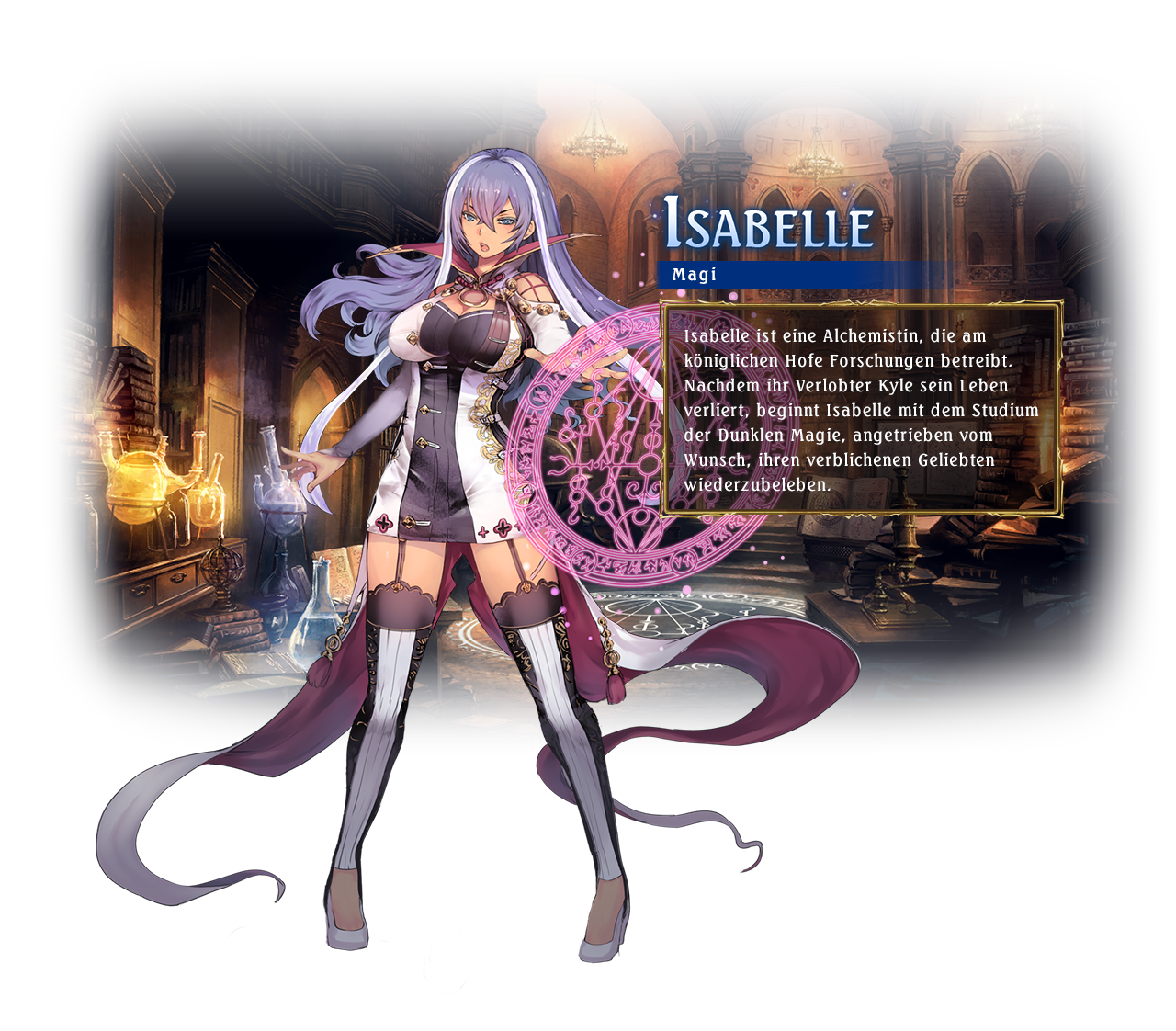 Isabelle / Class: Runecraft / Isabelle is an alchemical researcher. The tragic death of her beloved fiancé made her obsessed with the idea of resurrecting the dead.
