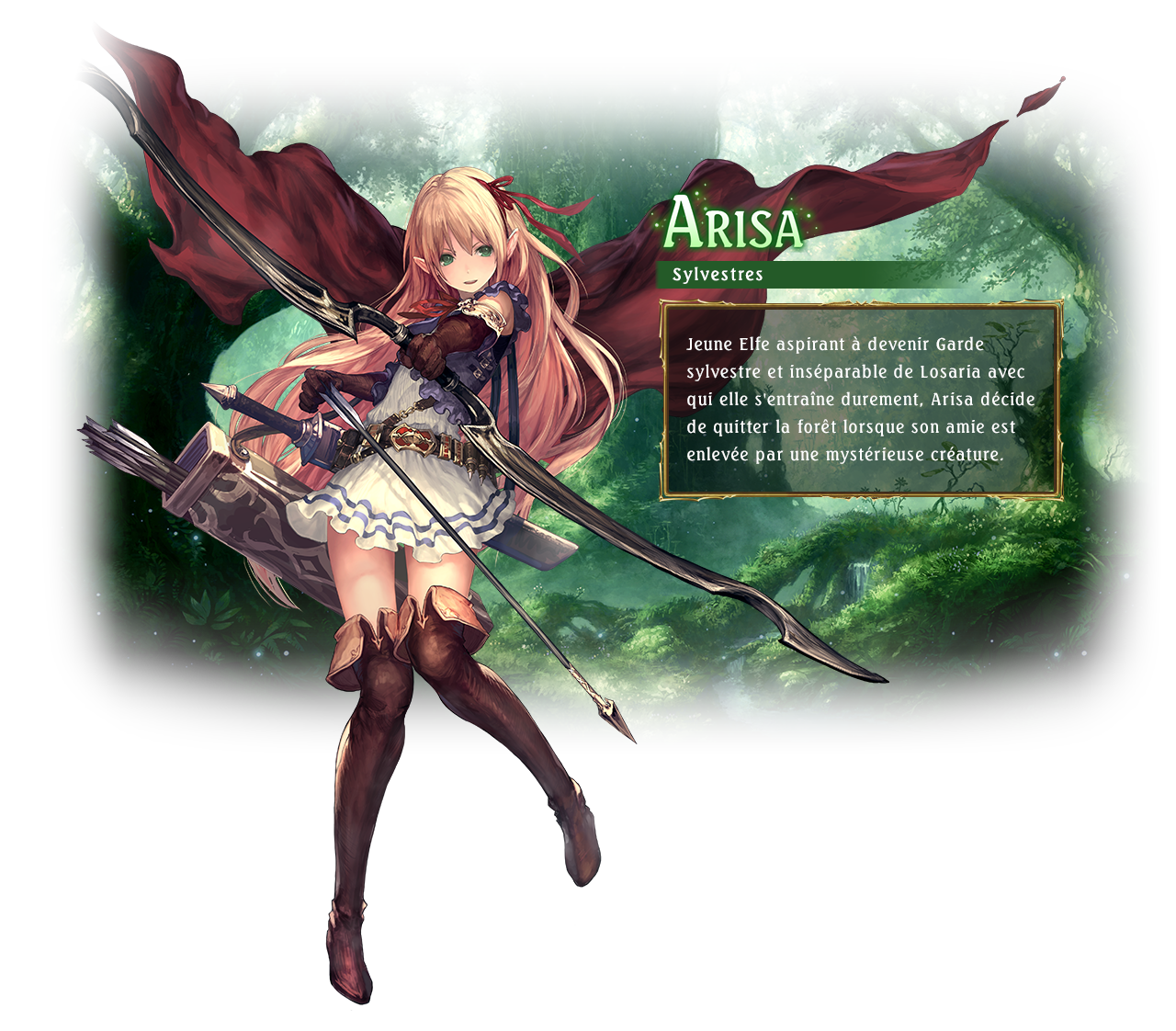 Arisa / Class: Forestcraft / Arisa is training as a guardian of the forest. She is inseparable from her friend Losaria until one day a menacing creature appears in their path.
