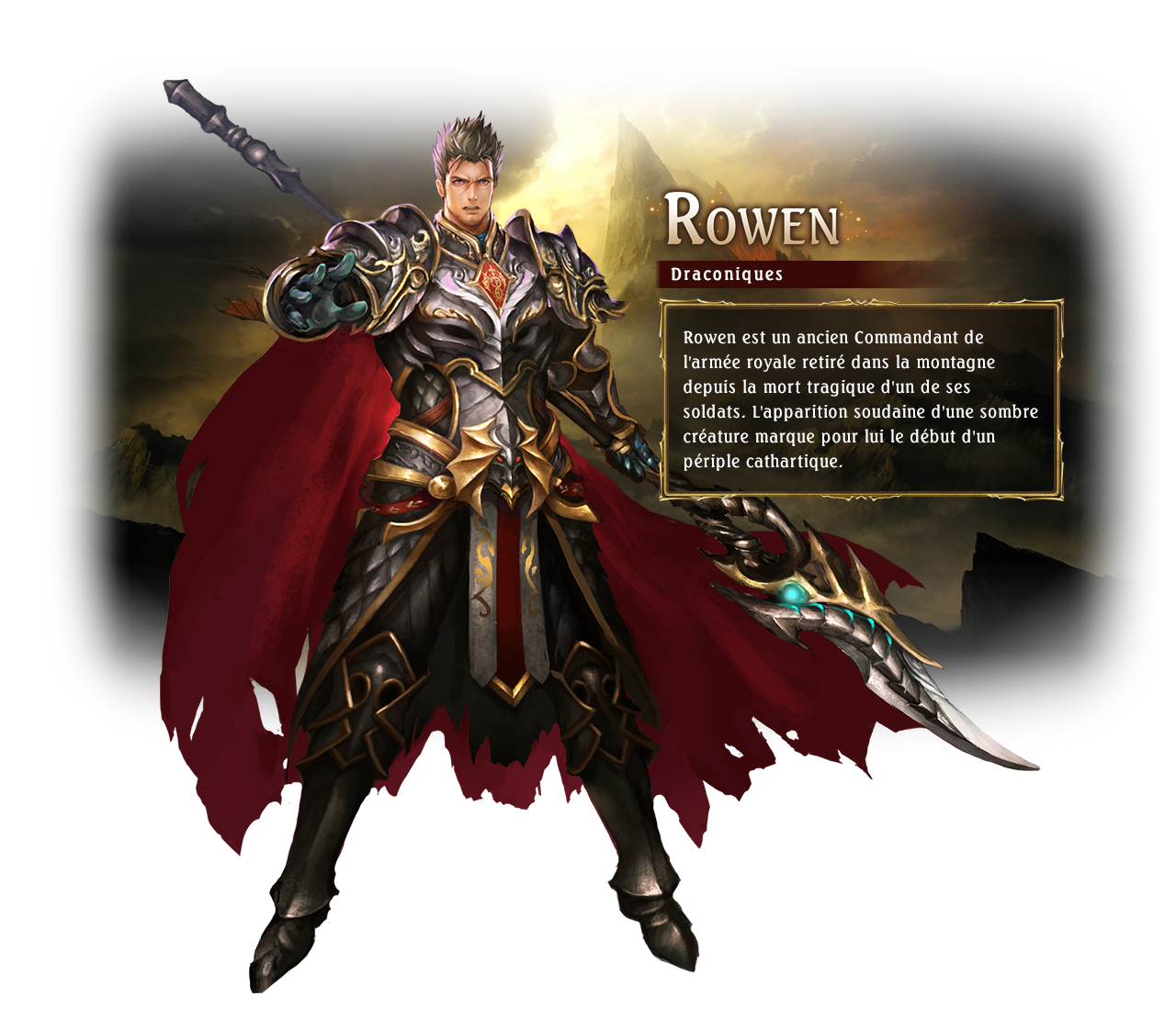 Rowen / Class: Dragoncraft / Rowen is a former commander in the royal army. His life changed when a ferocious dragon attacked his squad. He is now trying to come to terms with the consequences.